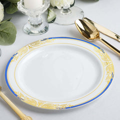 10-Pack Plastic 8" Round Dessert Plates in White with Royal Blue Rim - Stylish Gold Vine Design Disposable Salad/Appetizer Plates for Special Occasions & Celebrations