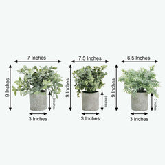 3 Plant Set Mini Potted Artificial Eucalyptus, Rosemary and Boxwood Faux Planter Collection - Small Decorative Faux Herb Garden for Desk Countertops Table Shelf Display 9"