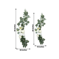 Set of 2 White Silk Rose Wedding Arch Flowers with Eucalyptus Leaves, Artificial Floral Swag Arrangement Party Decorations - 20",30"