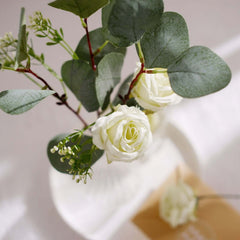 15" Ivory Artificial Silk Rose and Eucalyptus Flower Bouquet Arrangement