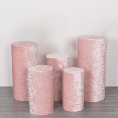 Set of 5 Blush Crushed Velvet Cylinder Pedestal Stand Covers, Premium Pillar Prop Covers