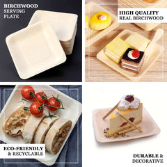 25 Pack 6" Square Eco Friendly Birchwood Wooden Dessert, Appetizer Plates