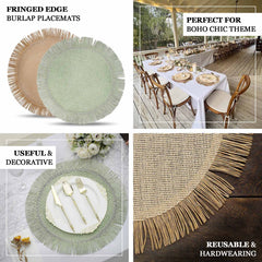 4-Pack Placemats Fringe Edge Design Natural Jute Round - Rustic Boho Chic Burlap Table Decor 16"