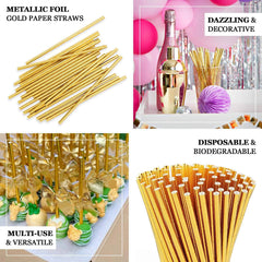 50-Pack Paper Drinking Straws Metallic Gold Foil Food Grade - Disposable Biodegradable Straws for Events 8"