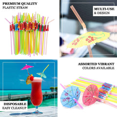 50-Pack Umbrella Drinking Straws Multi-Colored - Fun Disposable Straws for Tropical Parties 10"