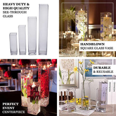 6-Pack Glass Cylinder Vases Square Clear - Durable Heavy Duty Floral Centerpieces for Weddings 24"