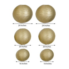 Set of 6 Gold Hanging Paper Lanterns, Chinese Sky Lanterns, Assorted Sizes - 16", 20", 24"