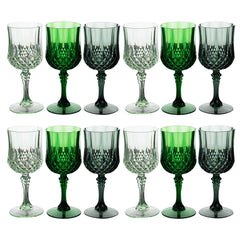 12-Pack Plastic Cocktail Goblets Assorted Green Transparent Crystal Cut - Shatterproof Drinkware 8oz