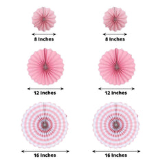Set of 6 Pink Hanging Paper Fan Decorations, Pinwheel Wall Backdrop Party Kit - 8", 12", 16"