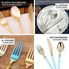 24-Pack Plastic Forks Baroque Style Metallic Silver - Heavy Duty Disposable Silverware 8"