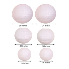 Set of 6 Blush Hanging Paper Lanterns, Chinese Sky Lanterns, Assorted Sizes - 16", 20", 24"