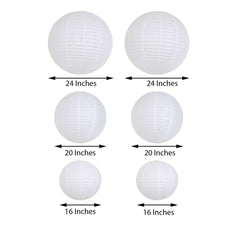 Set of 6 White Hanging Paper Lanterns, Chinese Sky Lanterns, Assorted Sizes - 16", 20", 24"