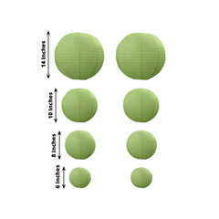 Set of 8 Sage Green Hanging Paper Lanterns, Decorative Round Chinese Sky Lanterns, Assorted Sizes - 6",8",10",14"
