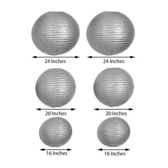 Set of 6 Silver Hanging Paper Lanterns, Chinese Sky Lanterns, Assorted Sizes - 16", 20", 24"