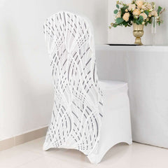 Spandex Chair Cover with Wave Embroidered Sequins for Banquet Chairs White/Black - Luxe Glittering Stretch Fitted Slipcover