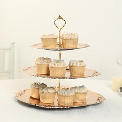 3-Tier Plastic Round Cupcake Stand Metallic Gold - Vintage-Inspired Reusable Dessert Display Holder Tea Party Serving Tray Platter with Baroque Rim & Top Handle 13"