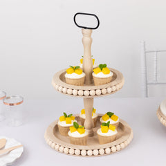 2-Tier Wooden Serving Tray Stand Beaded Design with Metal Handle Natural - Round Rustic Farmhouse Cupcake Display 17"