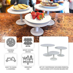 Set of 3 Wooden Pedestal Cake Stands Whitewash with Round Beaded Rim Trays - Stackable Rustic Cupcake Display 8", 10", 12"