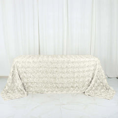 Satin 90"x132" Rectangle Tablecloth Ivory - Grandiose 3D Rosette Seamless Table Cover