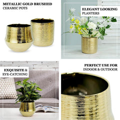 2-Pack Flower Plant Pots Textured Round Design Metallic Gold - Ceramic Cylindrical Bell Shaped Planters 6"