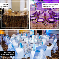120" Iridescent Seamless Big Payette Sequin Round Tablecloth Collection for 5 Foot Table With Floor-Length Drop
