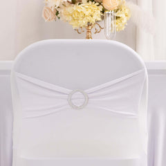 Stretch Spandex Chair Cover White for Folding Chairs - Enhanced Style & Secure Fit Slipcover with Stunning Silver Rhinestone Buckled Sash Band