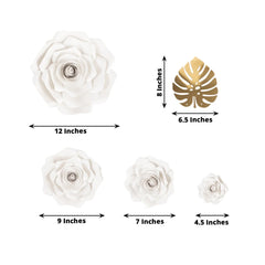 Set of 9 White 3D Rose Paper Flowers with Gold Tropical Palm Leaves, Party Flower Backdrop Hanging Wall Decor