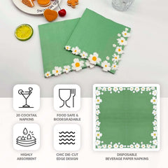 50-Pack Paper Beverage Napkins with Daisy Flower Design Sage Green - 2 Ply Soft 18GSM Floral Wedding Napkins 6.5"x6.5"