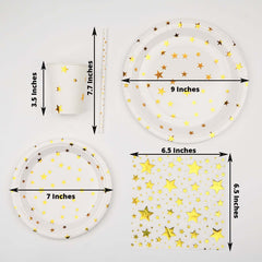 120 Pcs Paper Dinnerware Set White with Gold Stars Design - Disposable Tableware Combo-Pack with Plates, Cups, and Napkins
