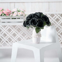 12" Black Artificial Velvet-Like Fabric Rose Flower Bouquet Bush