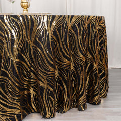 Sequin Mesh 120" Round Tablecloth Black/Gold - Seamless Wave Embroidered Table Cover