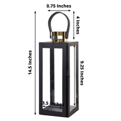 14" Black and Gold Top Stainless Steel Candle Lantern Centerpiece Outdoor Metal Patio Lantern