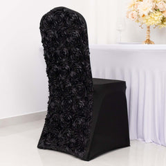 Satin Rosette Chair Cover for Banquet Chairs Black - Stretch Fitted Slip-On Slipcover