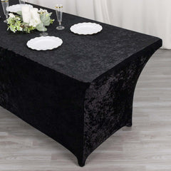 Crushed Velvet Fitted Rectangular 6ft Table Cover Black - Wrinkle-Free Stretchy Tablecloth