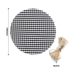 6 Pack 6" Black White Gingham Mason Jar Cloth Lid Covers, Checkered Jam Jar Covers with Jute String