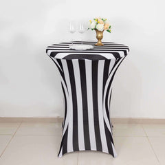 Spandex 32" Fitted Round Cocktail Table Cover Black/White Striped - Easy to Maintain Stretch Tablecloth