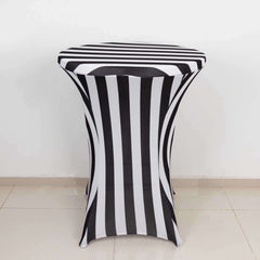 Spandex 32" Fitted Round Cocktail Table Cover Black/White Striped - Easy to Maintain Stretch Tablecloth