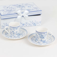 White Blue French Toile Bridal Shower Gift Set, Set of 2 Porcelain Espresso Cups and Saucers with Matching Keepsake Box