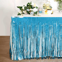 Metallic Foil Fringe Table Skirt Blue with Self Adhesive Backing - Durable Tinsel Skirt for Parties 30"x9ft