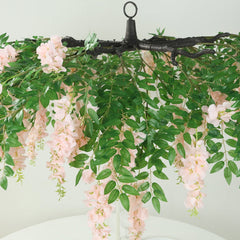 55" Blush Artificial Silk Wisteria Vine Round Hanging Canopy, Draping Garland Flower Chandelier With Interchangeable Branches