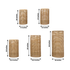 Set of 5 Natural Woven Rattan Wicker Pedestal Stands, Boho Chic Side Table Cylinder Cake Dessert Plant Display Stands - 20",21",24",29",36"