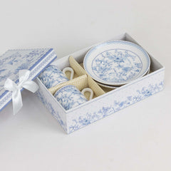 White Blue French Toile Bridal Shower Gift Set, Set of 2 Porcelain Espresso Cups and Saucers with Matching Keepsake Box