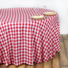 Polyester 108" Round Tablecloth White/Red - Checkered Buffalo Plaid Table Cover