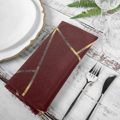 5 Pack Modern Burgundy and Geometric Gold Cloth Dinner Napkins 20"x20"