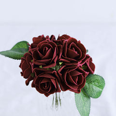 24 Roses 2" Burgundy Artificial Foam Flowers With Stem Wire and Leaves