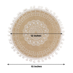 4-Pack Placemats Embroidery Mandala Print Design Natural Jute and White Round - Rustic Burlap Tassel Style with Beaded Trim 15"