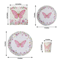 96 Pcs Paper Dinnerware Set with Butterfly Print White/Pink - Disposable Tableware Set with Plates, Cups, and Napkins