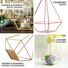 2-Pack Tealight Candle Holders Rose Gold Metal Pyramid Geometric Open Frame - Flower Stand 9"
