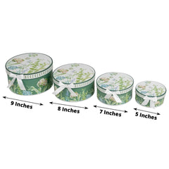 Set of 4 Cardstock Round Nesting Gift Boxes Greenery Theme Design - Decorative Heavy Duty Stackable Keepsake Boxes With Lids for Presents Storage & Pedestal Stand 5",7",8",9"