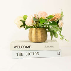 4-Pack Flower Vase Pots Textured Round Design Gold - Ceramic Brushed Indoor Planters 3"